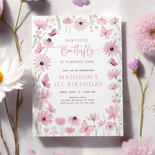 Invitación Cumpleaños primero de mariposa floral rosa (Subido por el creador)