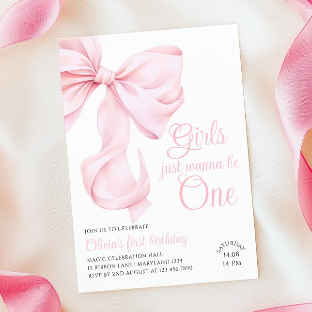 Invitación Cumpleaños primero de niña con lazo rosa (Subido por el creador)
