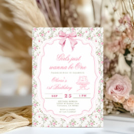 Invitación Cumpleaños primero de niña con lazo rosa elegante