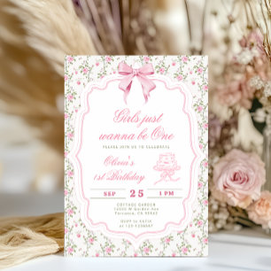 Invitación Cumpleaños primero de niña con lazo rosa elegante