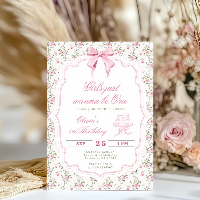 Invitación Cumpleaños primero de niña con lazo rosa elegante (Subido por el creador)