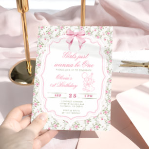 Invitación Cumpleaños primero de niña elegante ganso rosa lin