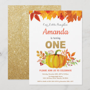 Invitación Cumpleaños Primero de Otoño Calabaza Dorado Brilla