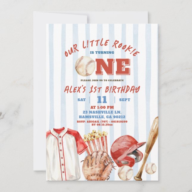 Invitación Cumpleaños Primero de Stripe Boy Béisbol Juego de  (Anverso)