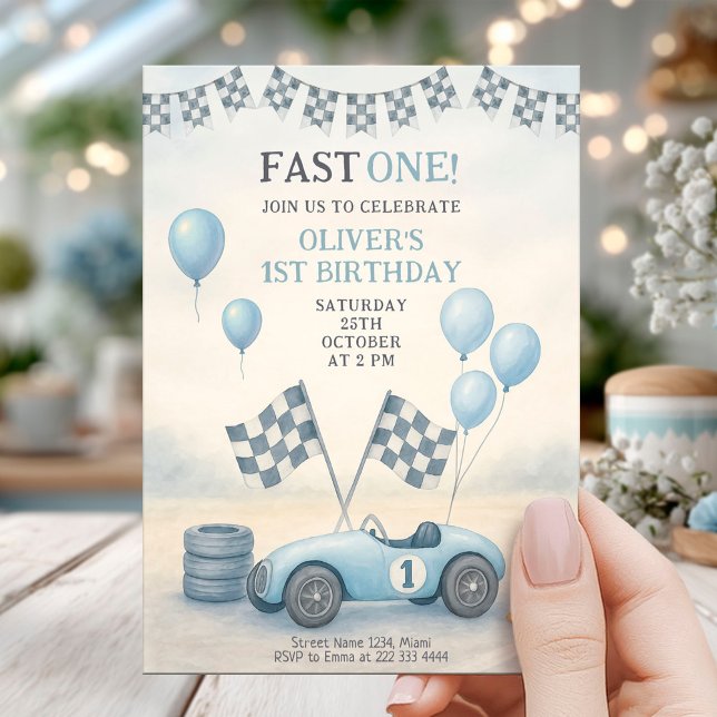 Invitación Cumpleaños Primero del Auto de Carreras Azul (Subido por el creador)