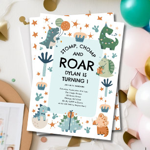 Invitación Cumpleaños primero Dinosaurio Pisotón Mordisco y R