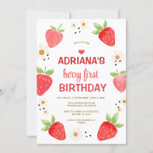 Invitación Cumpleaños Primero Floral Gingham Fresa Margarita