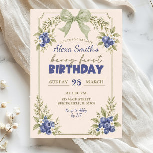 Invitación Cumpleaños primero floral verde salvia arándano