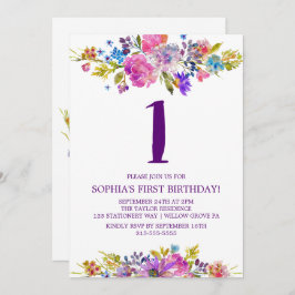 Invitación Cumpleaños Primero Flores Rosa Azul y Morado Cirue