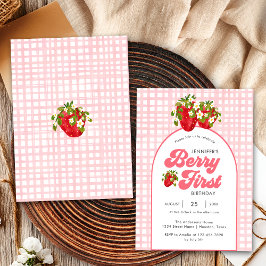 Invitación Cumpleaños Primero Fresa Floral Rústico Rojo