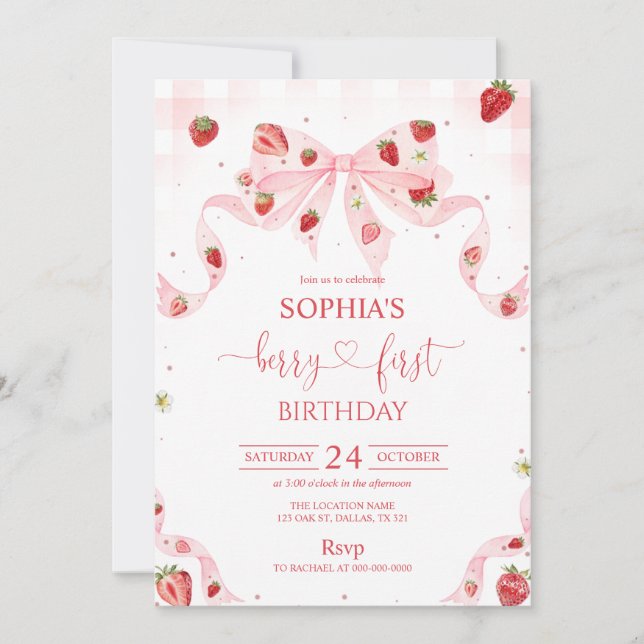 Invitación Cumpleaños Primero Gingham Berry 1er Cumpleaños (Anverso)