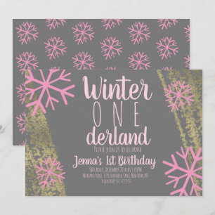 Invitación Cumpleaños Primero Guión de Hoja de Nieve Rosa