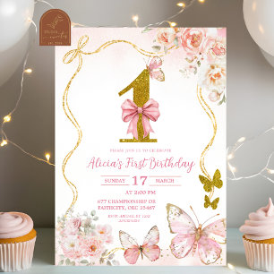 Invitación Cumpleaños Primero Mariposa Rosa Coquette Bow
