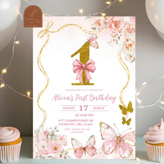 Invitación Cumpleaños Primero Mariposa Rosa Coquette Bow (Subido por el creador)