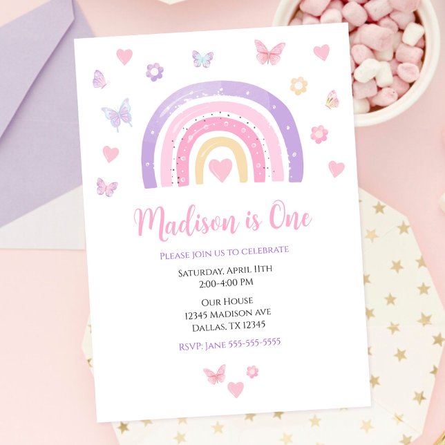 Invitación Cumpleaños Primero Mariposas Corazones Arcoíris (Subido por el creador)