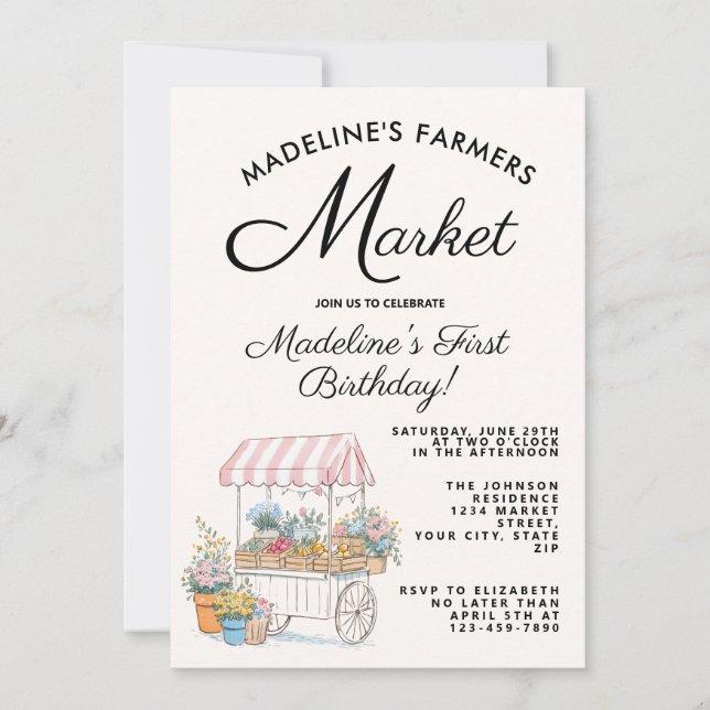 Invitación Cumpleaños primero Mercado de agricultores rosa li (Anverso)