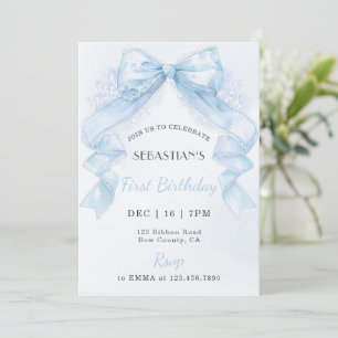 Invitación Cumpleaños Primero Niño Lazo de Encaje Azul Coquet