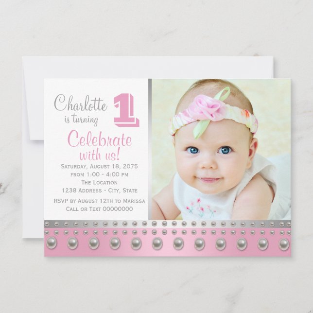 Invitación Cumpleaños primero Pink Silver Pearl (Anverso)