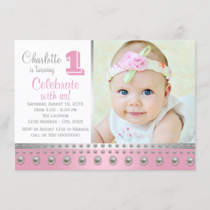 Invitación Cumpleaños primero Pink Silver Pearl