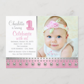 Invitación Cumpleaños primero Pink Silver Pearl