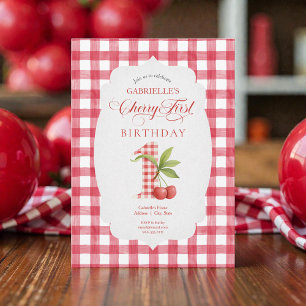 Invitación Cumpleaños primero rojo gingham de cereza del bebé