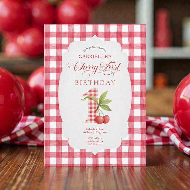 Invitación Cumpleaños primero rojo gingham de cereza del bebé (Subido por el creador)