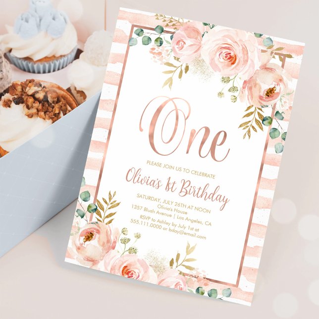 Invitación Cumpleaños Primero Rosa Dorada Floral Rosa Rubor (Subido por el creador)