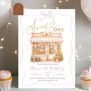 Invitación Cumpleaños primero tienda de dulces con lazo coque
