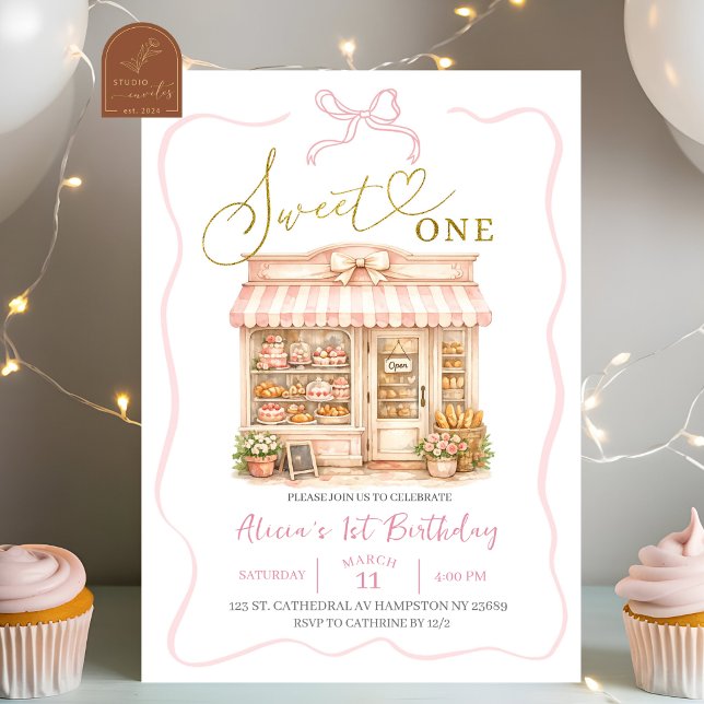Invitación Cumpleaños primero tienda de dulces con lazo coque (Subido por el creador)