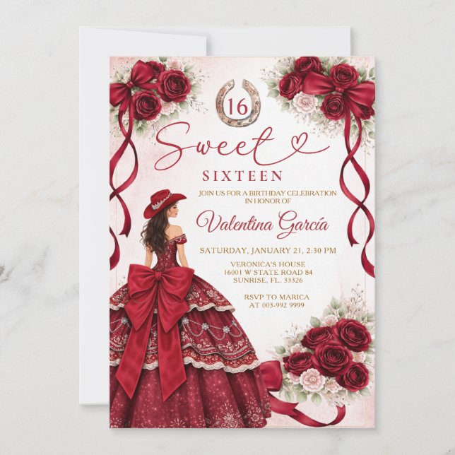 Invitación Cumpleaños Princesa Burgundy Occidental Dulces Die (Anverso)