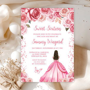 Invitación Cumpleaños Princesa Cabello Marrón Rosa Dulce Diec