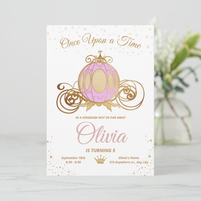 Invitación Cumpleaños Princesa Carruaje Fiesta Real Rosa (Anverso de pie)