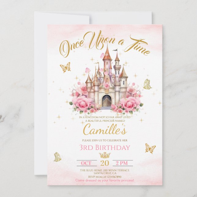 Invitación Cumpleaños princesa castillo Érase una vez  (Anverso)