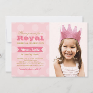 Invitación Cumpleaños Princesa Chicas Foto Rosa Real Oro