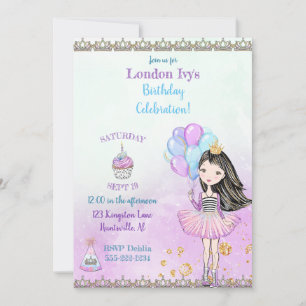 Invitación Cumpleaños Princesa Cupcakes Globos Lavanda