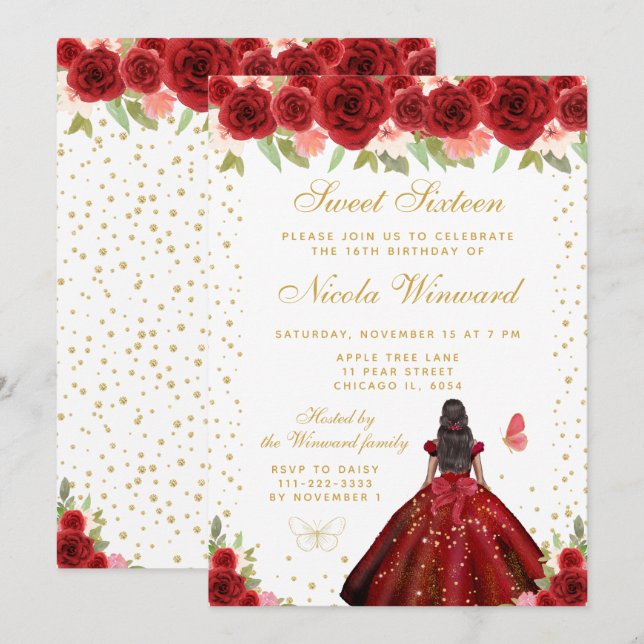 Invitación Cumpleaños Princesa de Dieciséis Años con Flores R (Anverso / Reverso)