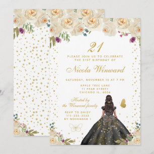 Invitación Cumpleaños Princesa de Piel Oscura Floral Crema