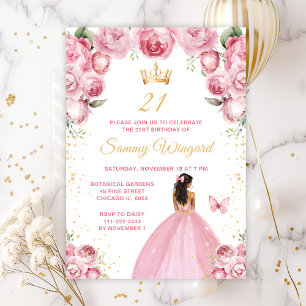 Invitación Cumpleaños Princesa de Piel Oscura Rosa Sonrojado