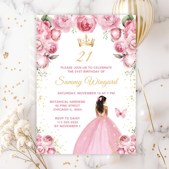 Invitación Cumpleaños Princesa de Piel Oscura Rosa Sonrojado (Subido por el creador)