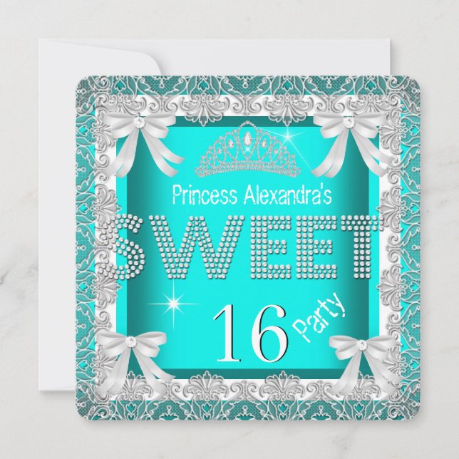 Invitación Cumpleaños Princesa Dulce 16 Brillo Turquesa Azul  (Anverso)