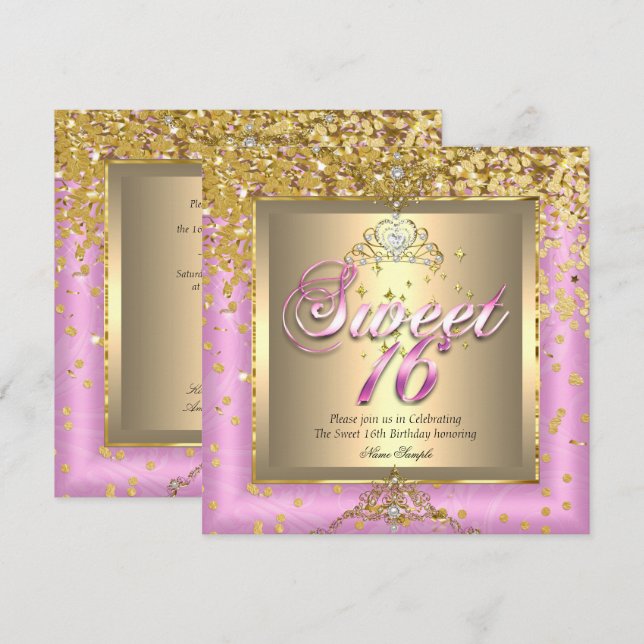 Invitación Cumpleaños Princesa Dulces 16 Dorado Rosa Fiesta (Anverso / Reverso)
