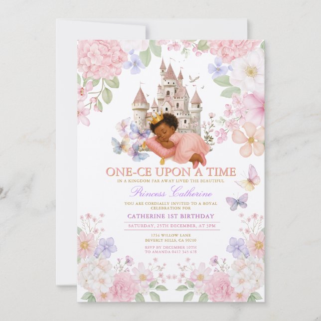 Invitación Cumpleaños Princesa Floral Pastel Castillo 1 año (Anverso)
