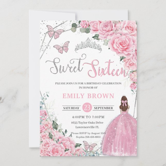 Invitación Cumpleaños Princesa Floral Rosa Marrón Claro Dulce (Anverso)