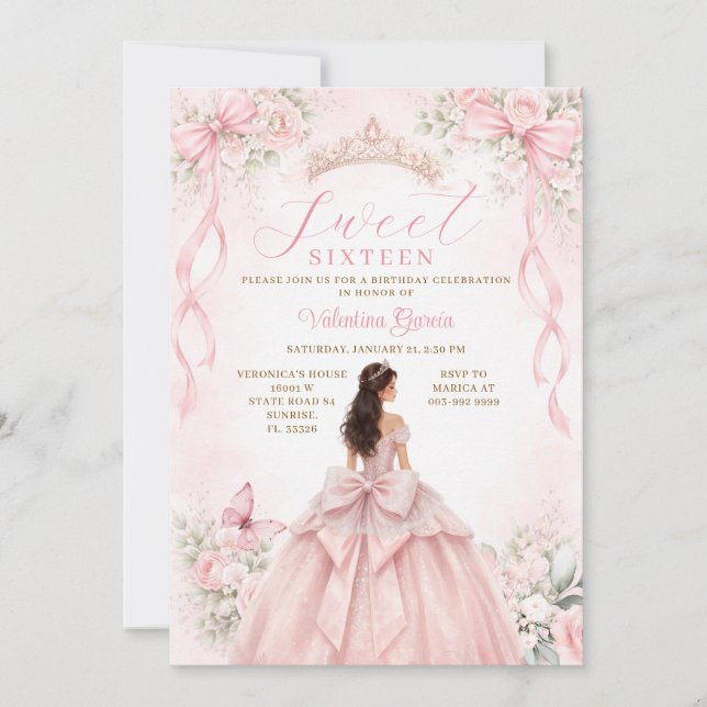Invitación Cumpleaños Princesa Lazo Rosa Dulces Dieciséis (Anverso)