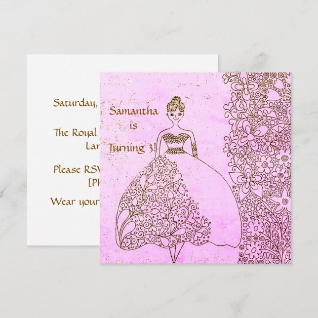 Invitación Cumpleaños Princesa Línea Artística Floral Rosa Do (Anverso / Reverso)
