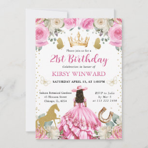 Invitación Cumpleaños Princesa Morena Vestido Rosa Oeste