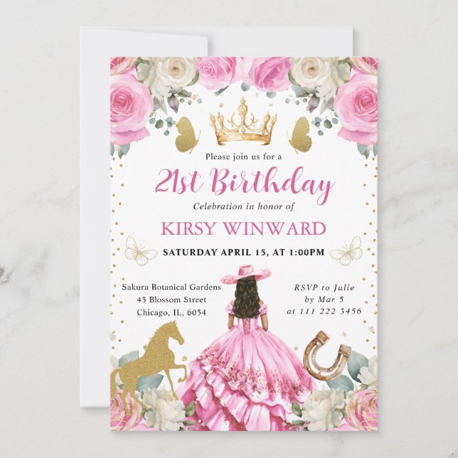 Invitación Cumpleaños Princesa Morena Vestido Rosa Oeste (Anverso)