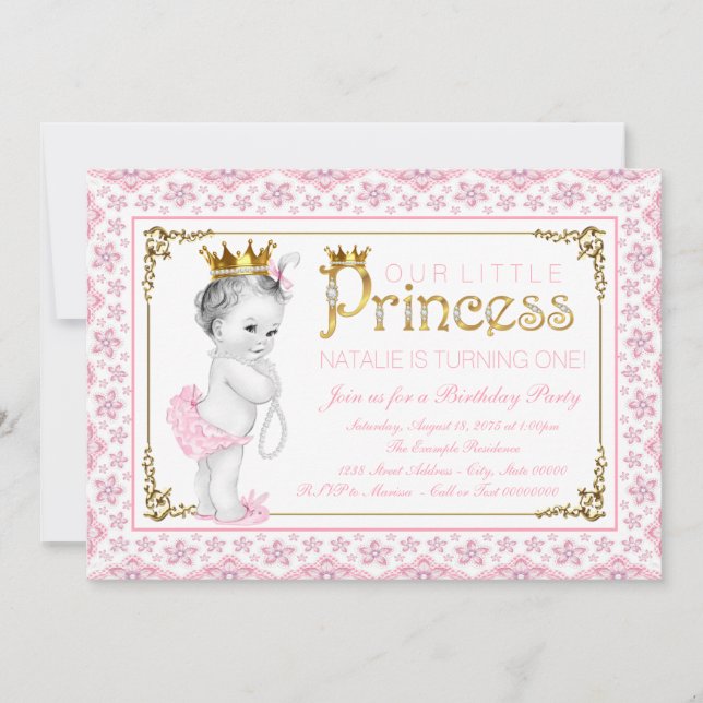 Invitación Cumpleaños Princesa Perla de Oro Rosa Primero (Anverso)