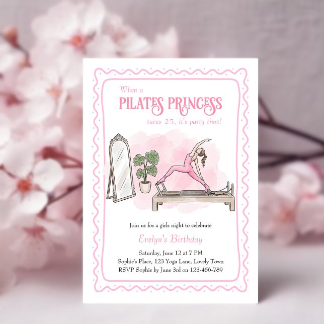 Invitación Cumpleaños Princesa Pilates Rosa Noche de Chicas (Pilates Princess birthday invitation with hand-drawn wiggly frame and reformer pilates scene)