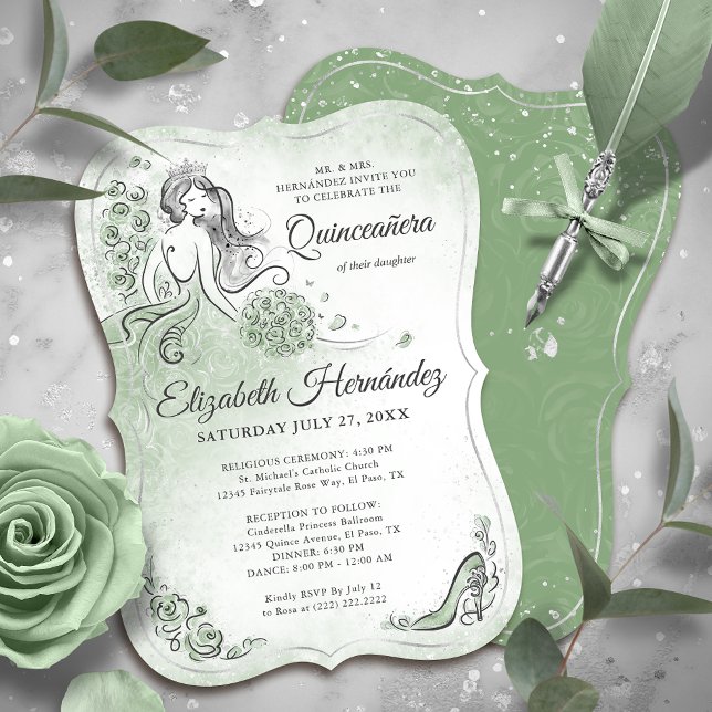 Invitación Cumpleaños Princesa Plata Verde Salvia Quinceañera (Unique, downloadable silver and sage green quinceanera invitations on an editable DIY template.)